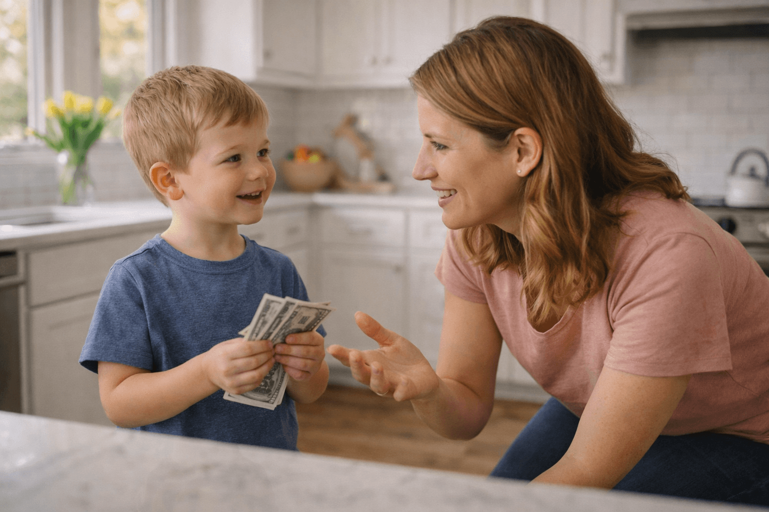 Parent teaching child about money