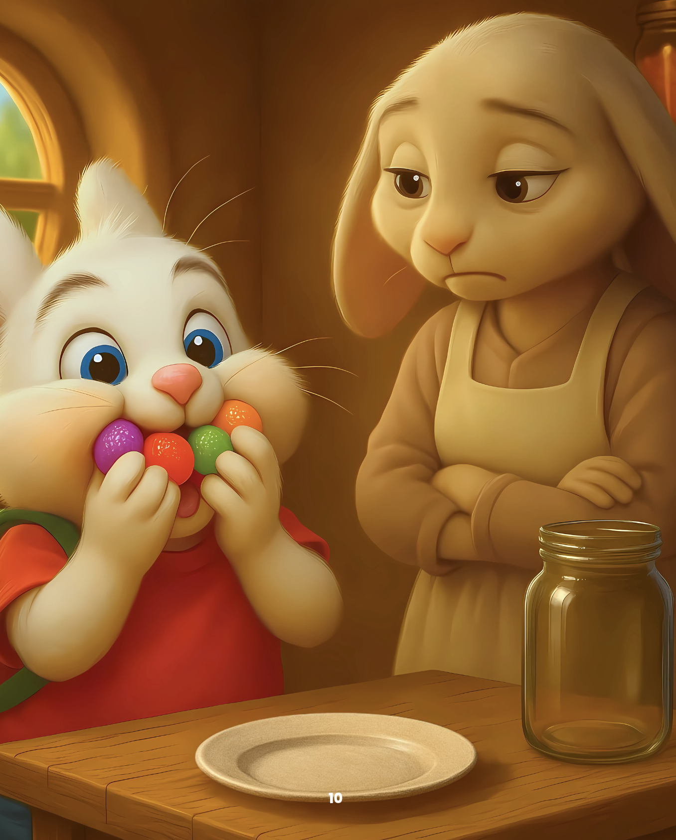 Benny the Bunny eating jellybeans while a parent bunny looks on with concern